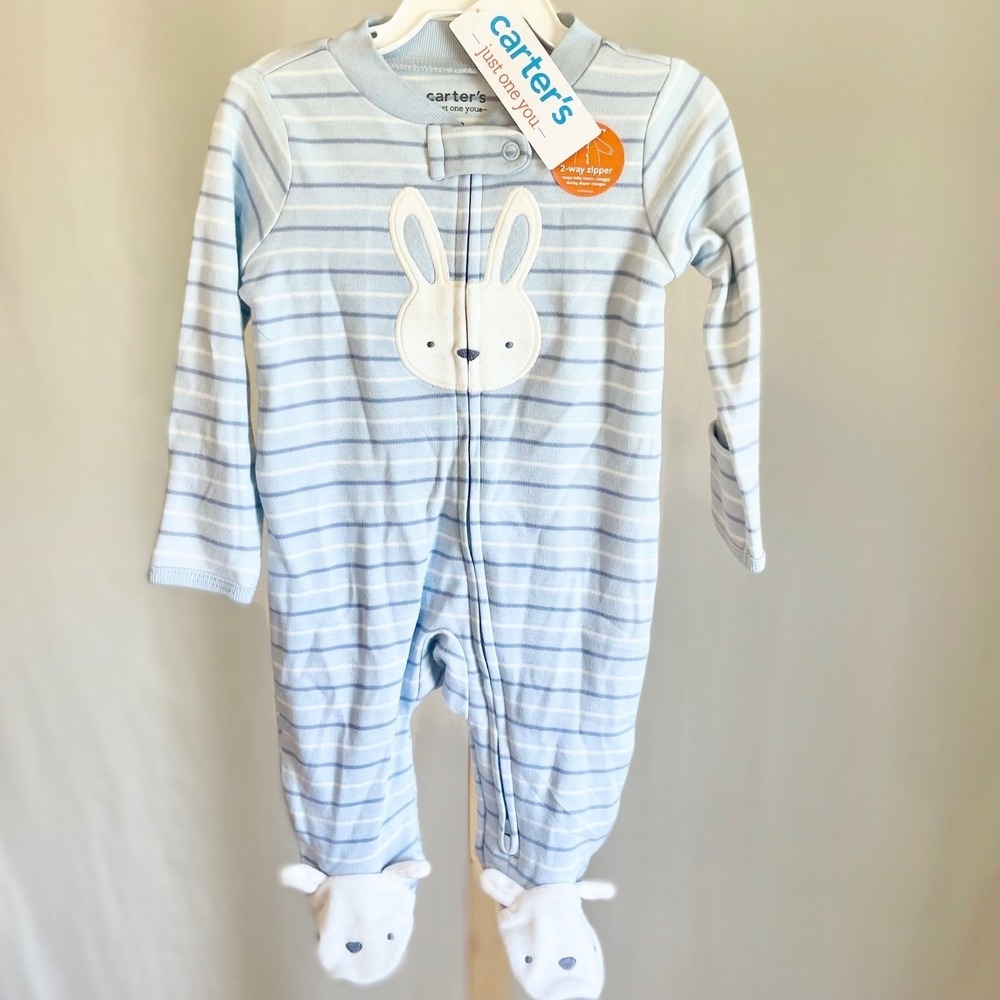 Carter's‎ Just One You Baby Blue Striped Bunny Footed Sleeper Pajamas NWT 9M